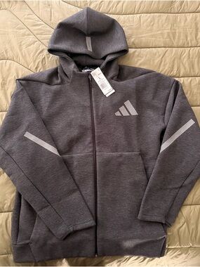 Adidas Gray Full-Zip Hooded Track Jacket, heavy, reflective, & water repellent